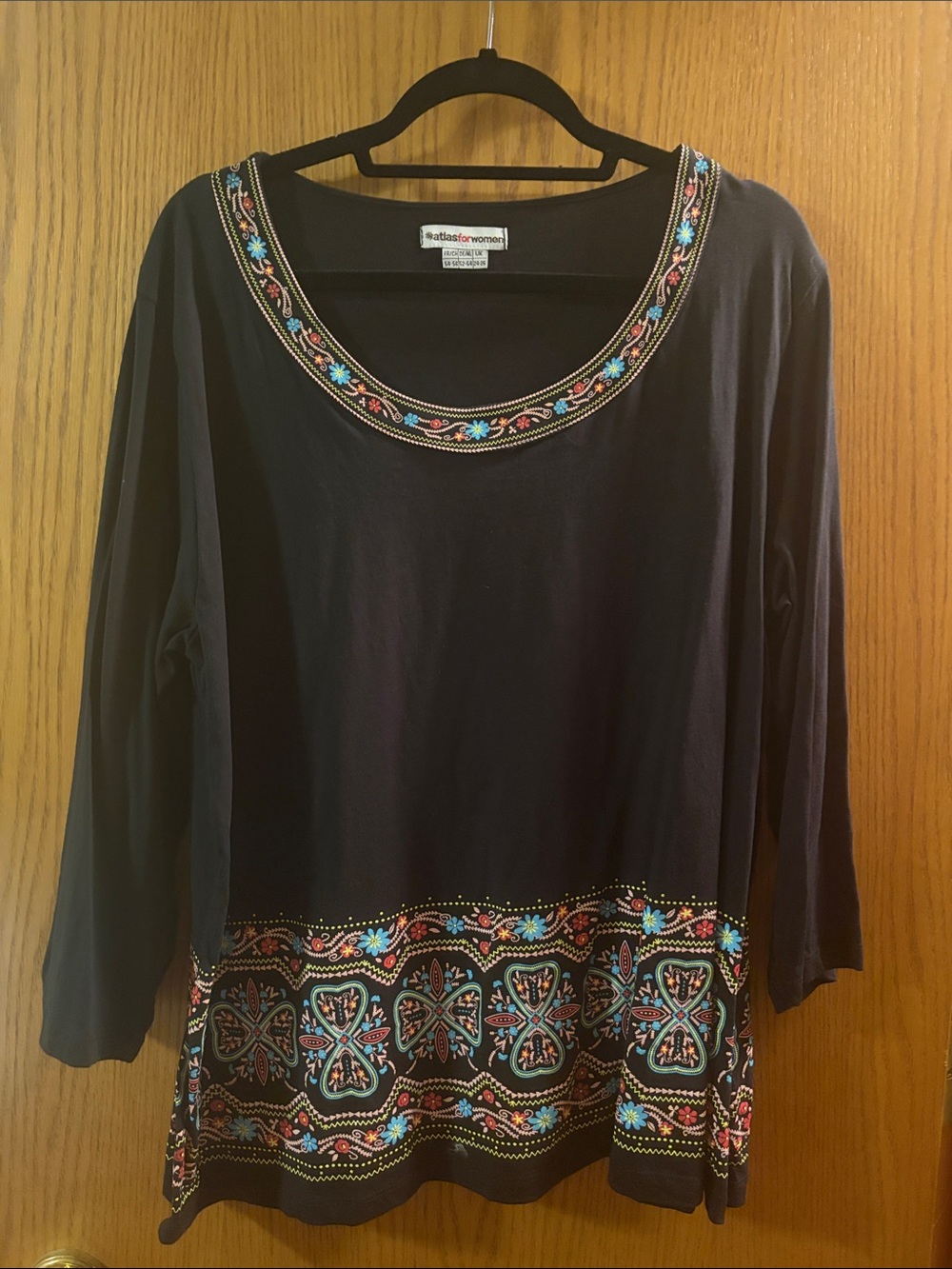 Women Black Long-Sleeve Scoop Neck Top with Multicolor Embroidered Trim